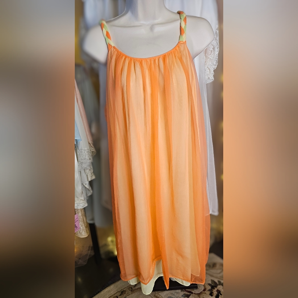 Vintage 1960s double layer orange and lemon chiffon babydoll with braided straps